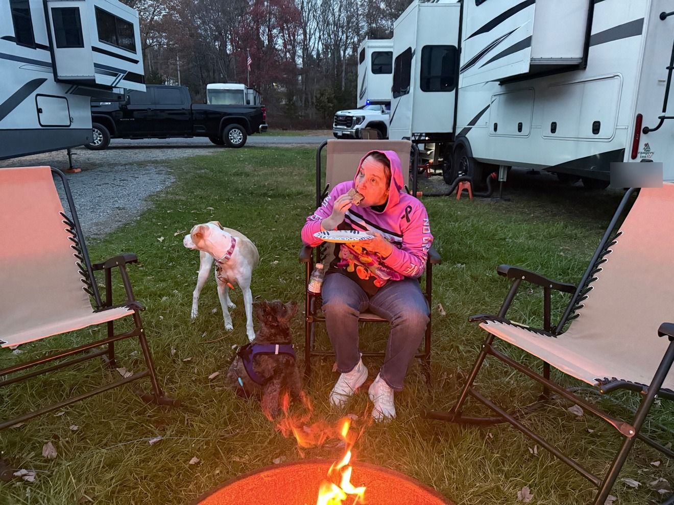 Our family around a campfire in the evening