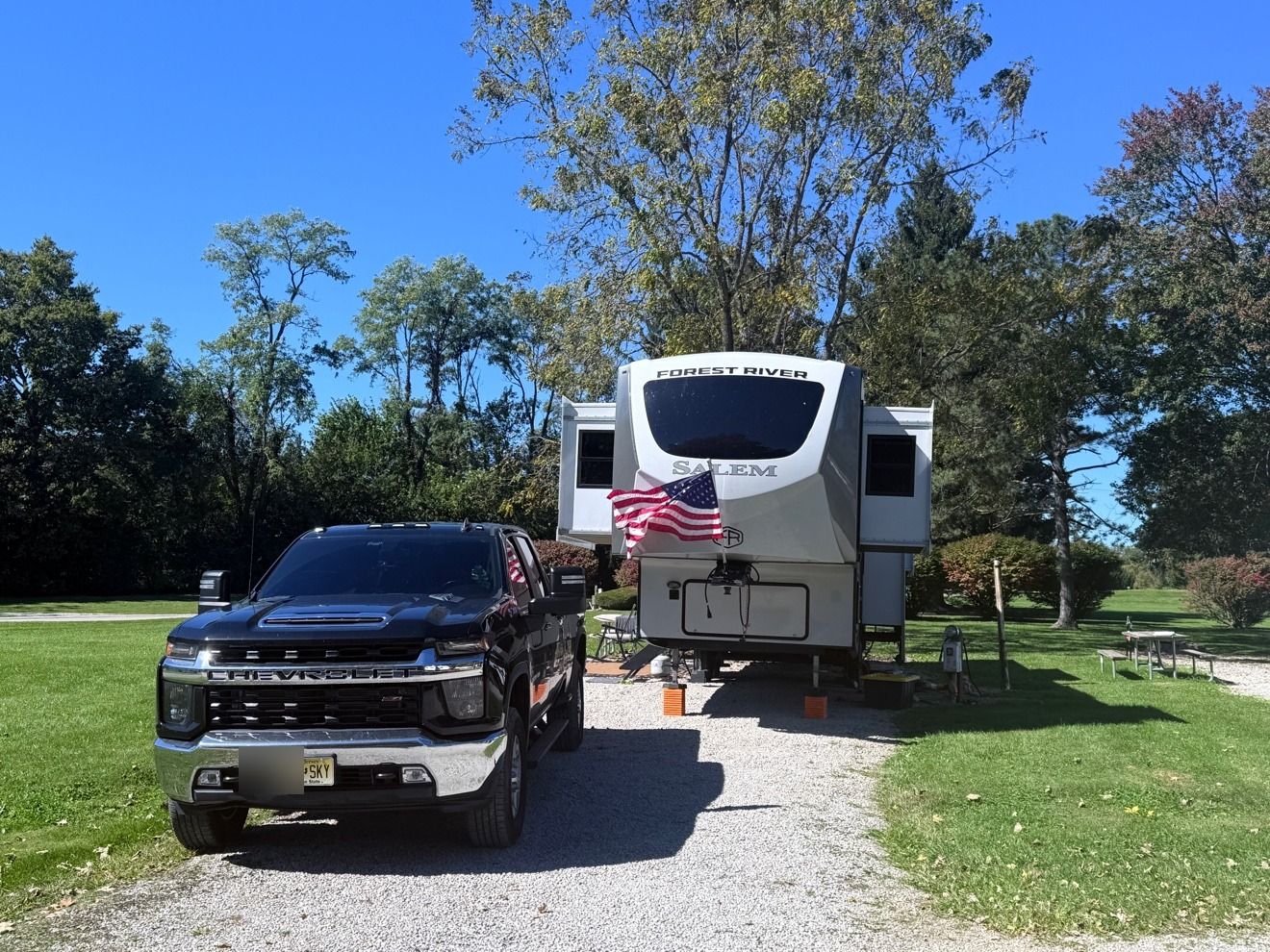 The front of our fifth wheel with the flag up
