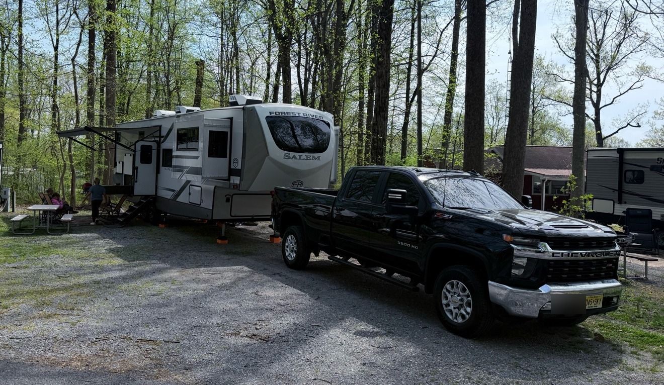 Our truck hitched to the fifth wheel at a campsite
